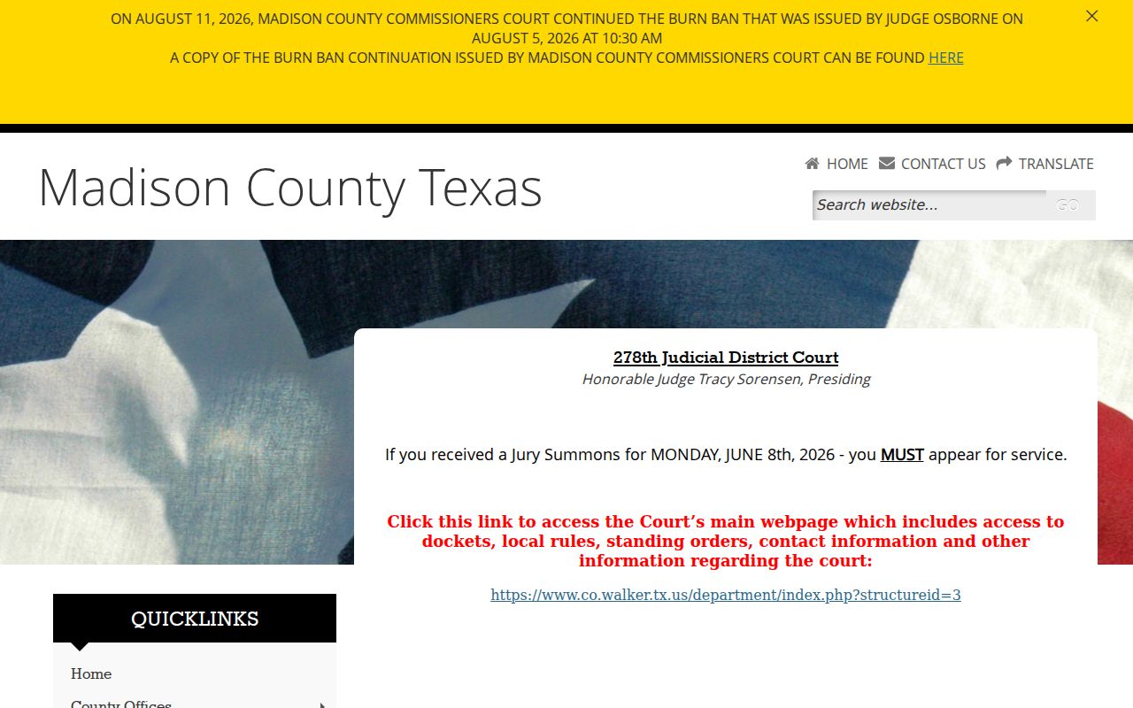 Madison County court dates and 278th District Court settings